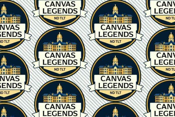 Repeating pattern of circular Canvas Legends logos.  A gold and blue graphic of the Main Building at the University of Notre Dame is above a cream banner with "Canvas Legends" in blue text. Below the banner is "ND TLT" also in blue text. The background is a repeating diagonal pinstripe pattern in navy and white.